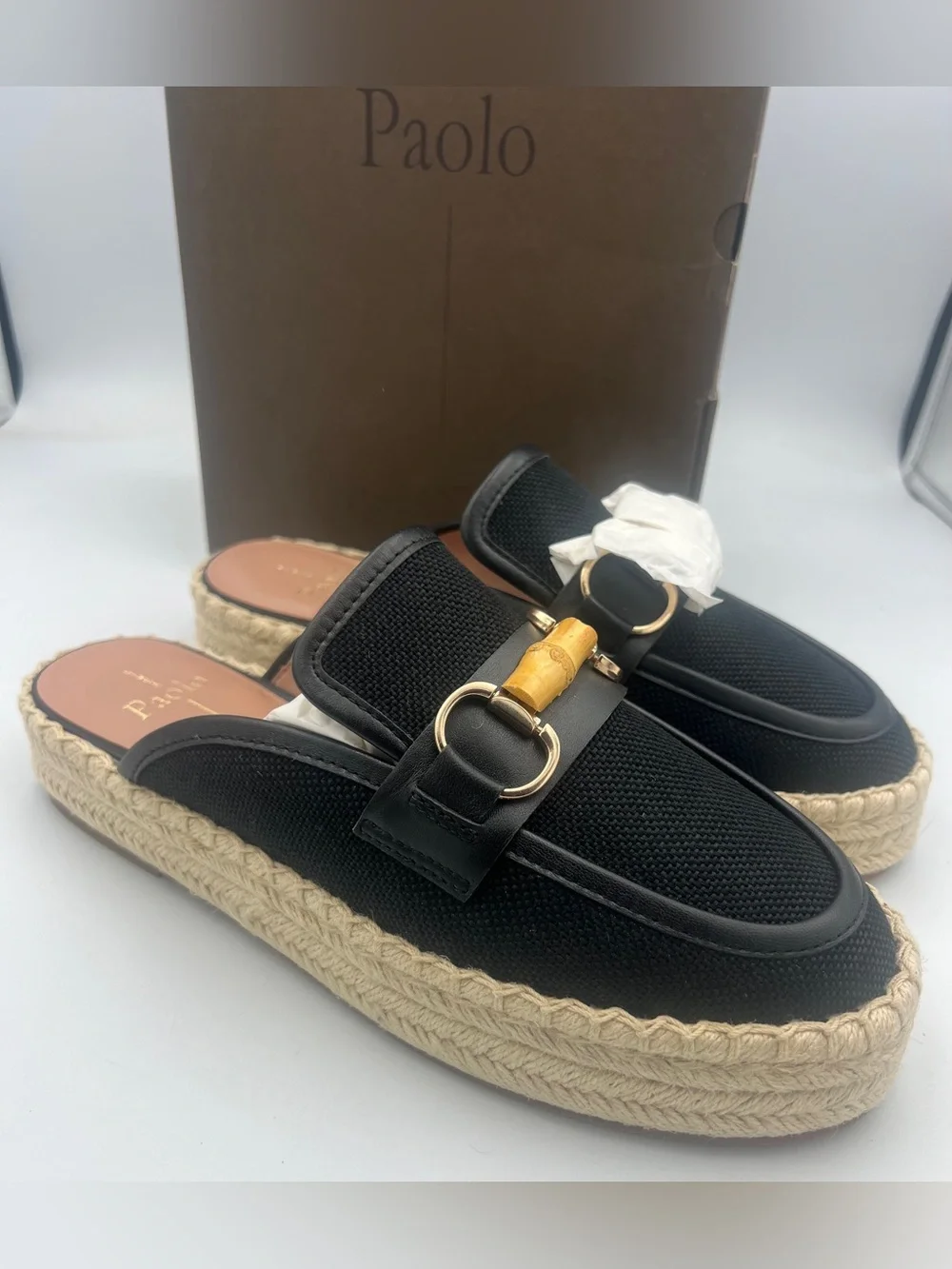 Linea Paolo Shiloh Bamboo Espadrille Mules Black w/Nappa Leather Trim Size 9 NWB